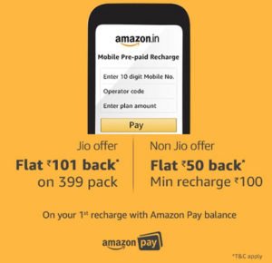 Rs 101 Cashback on Jio Rs. 399 Recharge by Amazon