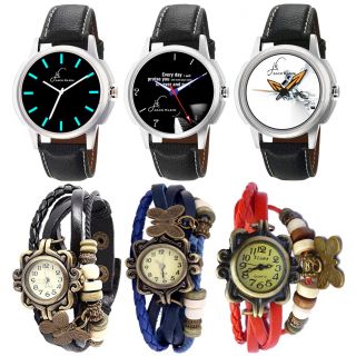 Combo of 3 Stylish Graphic Watches For Men And 3 Different Colour Vintage Bracelet Watches For Women