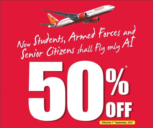 50 Discount for student and senior citizens on Air India