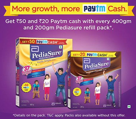 FREE Rs. 50 Paytm Cash with Every Pediasure Pack